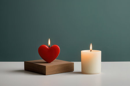 Two burning candles with red heart on white table and green chalkboard backgroundの写真素材