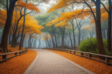 Autumn forest with pathway in foggy day. 3D rendering
