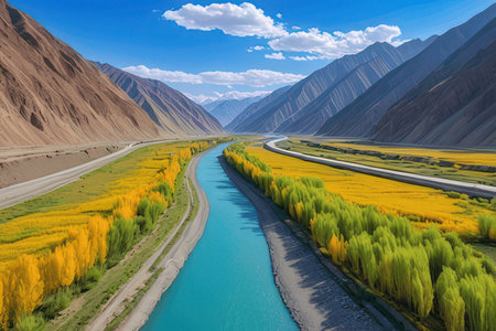 Mountain landscape with river and yellow flowers in Leh, Ladakh, Indiaの写真素材