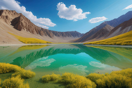 Mountain lake with yellow flowers in Himalayas, Ladakh, Indiaの写真素材