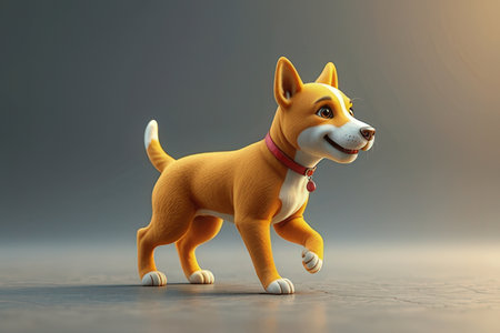 Cute dog with red collar walking on the floor. 3d renderingの写真素材