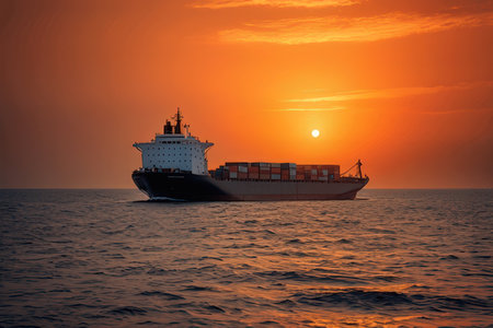 Cargo ship in the sea at sunset. Freight transportation.の写真素材