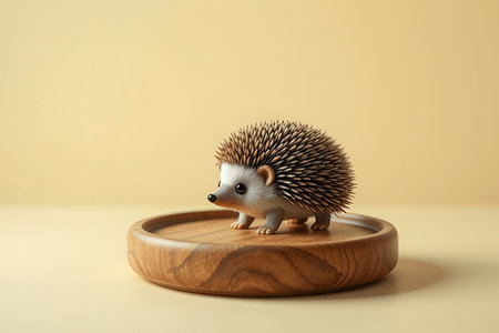 Hedgehog on wooden plate on beige background, space for textの写真素材