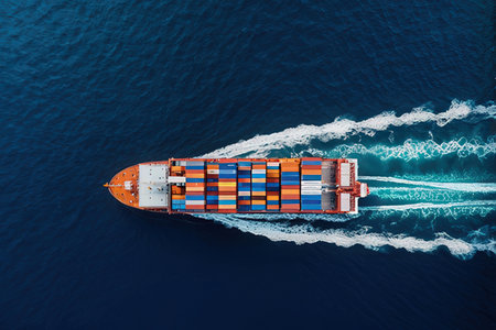 Aerial view of a cargo ship sailing in the blue sea.の写真素材