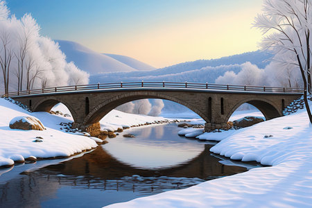 Bridge over the river in winter. 3d render. Winter landscape.