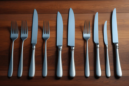 Knife, fork and knife on a wooden background. Top view.の写真素材