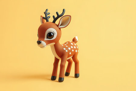 Funny wooden toy deer on yellow background. Minimal concept.