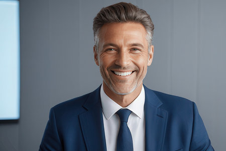 Portrait of confident mature businessman in suit looking at camera and smilingのeditorial素材