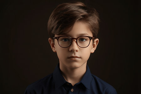 Portrait of a boy in glasses on a dark background. Studio shot.のeditorial素材