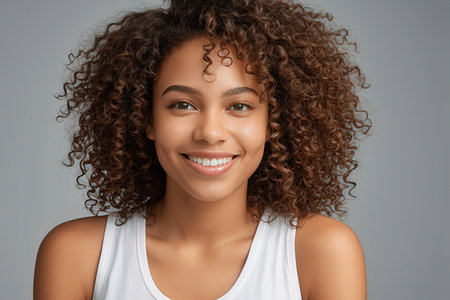 Beautiful young African-American woman with curly hair on gray backgroundのeditorial素材