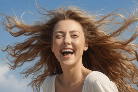 Portrait of happy young woman with flying hair over blue sky backgroundのeditorial素材