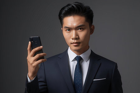 Portrait of young Asian businessman using mobile phone isolated on gray backgroundのeditorial素材