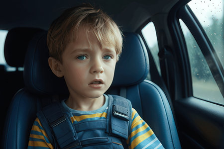 portrait of cute little boy sitting in car seat and looking awayのeditorial素材