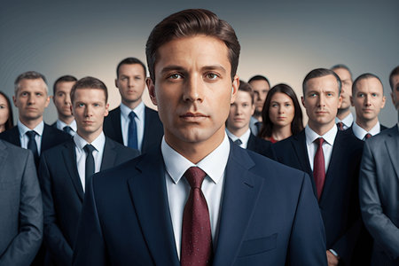 Portrait of confident businessman standing in front of group of businesspeopleのeditorial素材