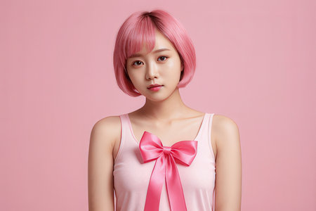 Portrait of a beautiful asian woman with pink hair and pink ribbon on pink backgroundのeditorial素材