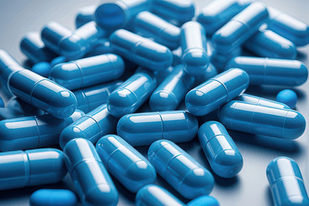 Blue medical capsules on a gray background. Shallow depth of field.の写真素材