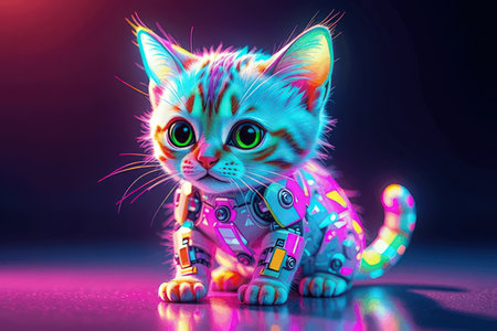 Cute little kitten in neon light. 3D illustration. Fantasy animal.の写真素材