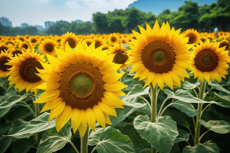 Sunflower field with sunflower blooming in summer, Thailand.