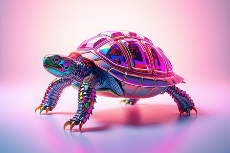 3d illustration of a plastic toy turtle on a pink background.の写真素材