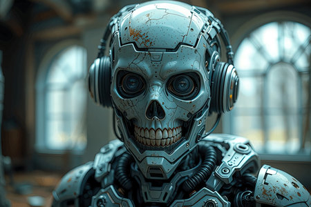 3D rendering of a robot listening to music with headphones in a room