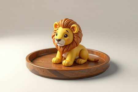 Lion in wooden tray on white background. 3d illustration.の写真素材