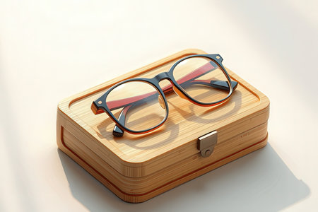 Glasses on a wooden case on a white background. 3d renderingの写真素材