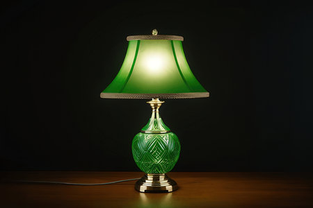 Green table lamp on wooden table and black background. Vintage style.の写真素材