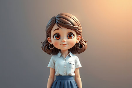 3d illustration of a cute little girl with brown hair and blue skirtの写真素材