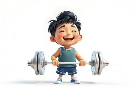 Cartoon boy lifting a barbell on white background, 3d renderingの写真素材