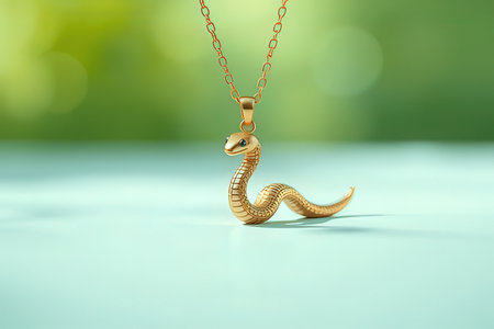Golden snake necklace on green bokeh background. 3d renderingの写真素材