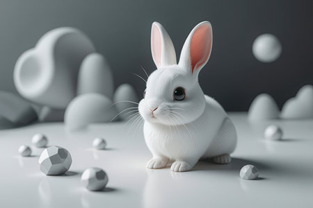 Cute white rabbit with easter eggs on gray background. 3d renderingの写真素材