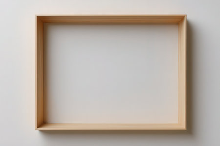 Wooden frame on white wall, 3d rendering. Computer digital drawing.