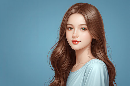 Portrait of beautiful young woman with long brown hair on blue backgroundの写真素材