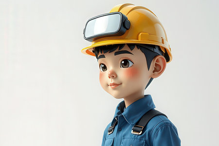 3d rendering of a boy construction worker with helmet and goggles.の写真素材