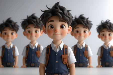 Cute little children in school uniform on white background, 3d renderingの写真素材