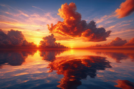 Beautiful sunset over the sea with clouds reflected in the water.