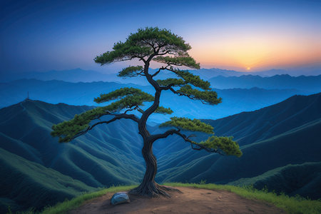 Pine tree on the top of mountain at sunset, 3d renderの写真素材