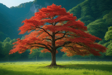 Autumn landscape with a tree and a meadow. 3d render