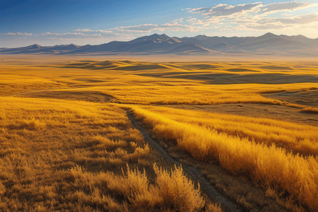Mongolian grassland at sunset. Panoramic viewの写真素材