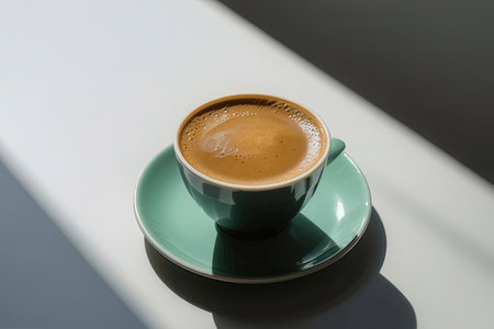 Coffee cup on white table with shadow from the sun.