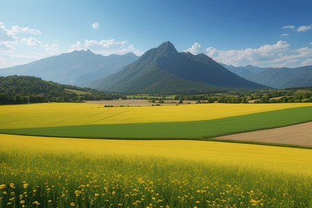 Beautiful spring landscape with yellow field and mountains in the background.の写真素材