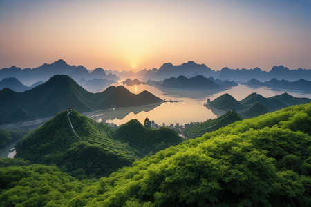 Beautiful landscape scenery with lake and mountain at sunset in China