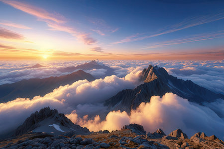 Mountain landscape at sunrise. View from the top of the mountain.