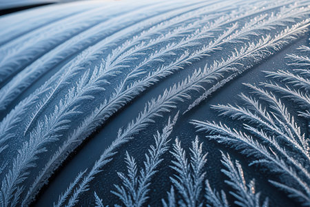 Frosty patterns on a car windscreen, closeup of photo