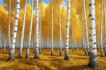 Autumn birch forest with yellow leaves - 3D illustration.の写真素材