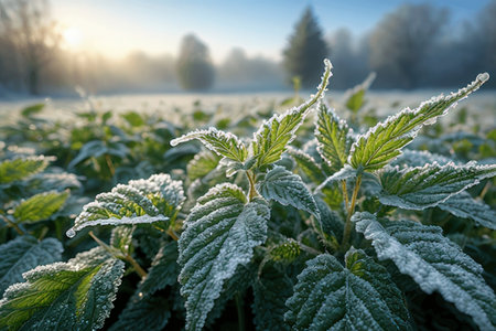 Frozen nettle in the meadow at sunrise. Natural background.