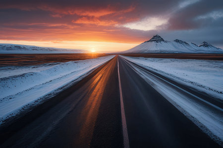 Icelandic landscape with road and snow-covered mountains at sunsetの写真素材