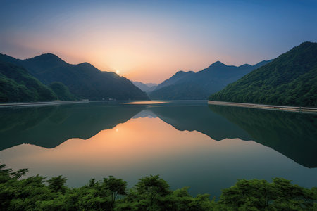 Mountain landscape with lake and forest at sunset, Hangzhou, China