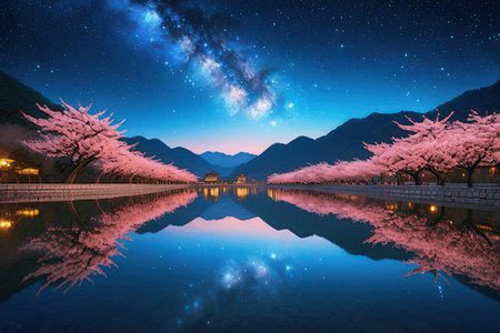 Cherry blossoms at night with starry sky and milky wayの写真素材