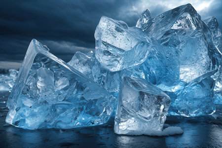 Ice cubes on frozen lake with dramatic sky. Blue toned.